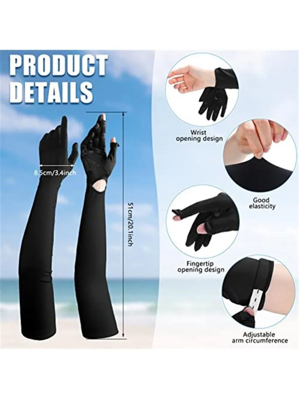 2 Pairs Womens UV Long Sun Protection Gloves Touchscreen Arm Sun Gloves